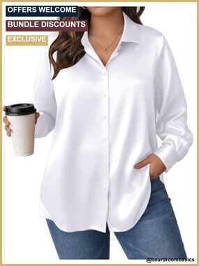 Plus Size Satin Blouse Long Sleeve V-Neck Button Down Silk Soft Shirt Office